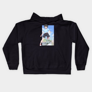 Anime boy running in Train Station Kids Hoodie